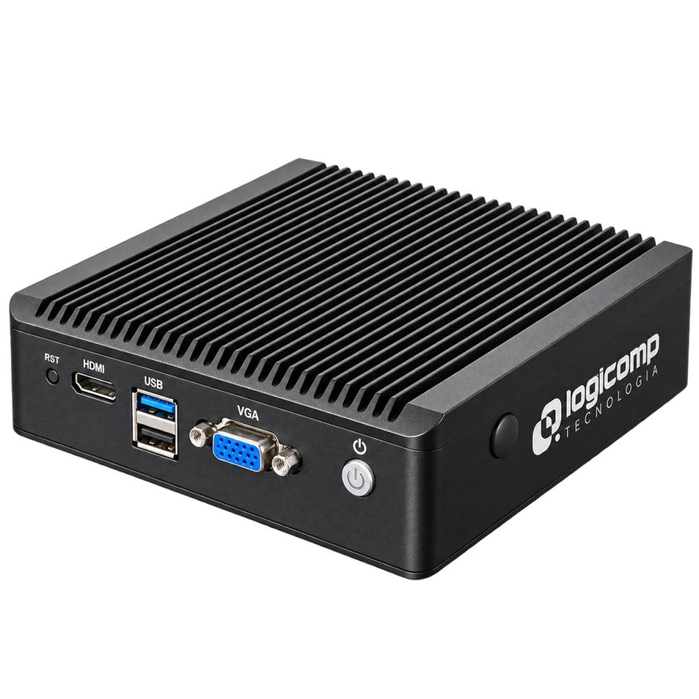 Firewall appliance Logicomp em perspectiva, com gabinete preto e marca na lateral
